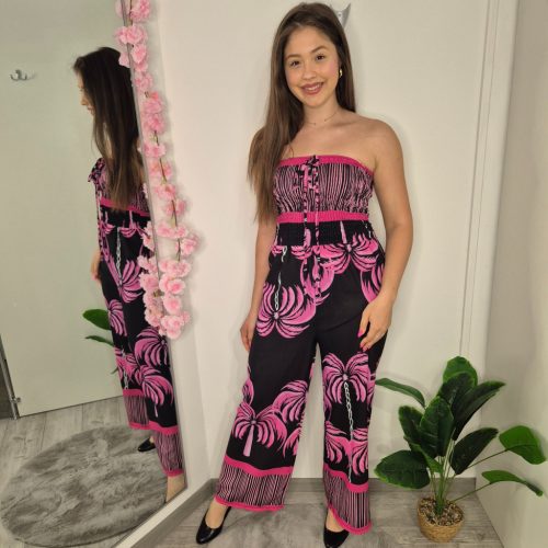 Pánt Nélküli Gumírozott Overál Pink/Fekete