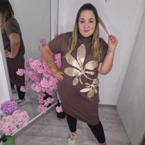 Csokibarna Nagy Virágos Gépi Kötött Ruha