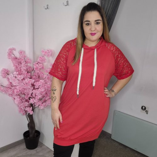 Csipkés Ujjú Kapucnis Tunika Piros